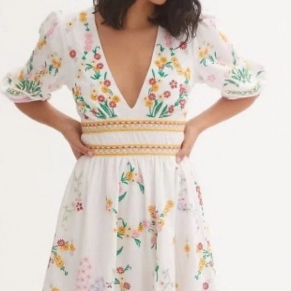 Anthropologie Deep-V Floral Embroidered Mini Dress Size 2XL White - Picture 9 of 13